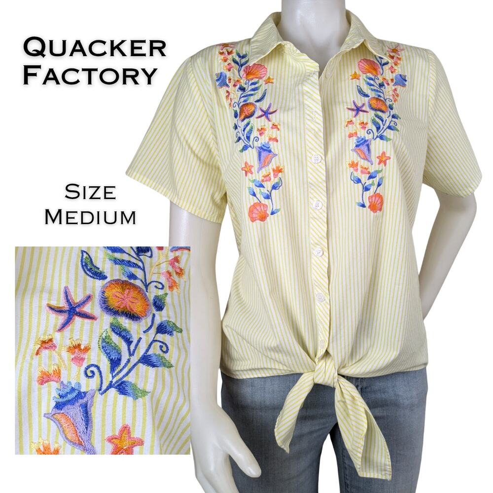 Quacker Factory Tie-Front Shirt Medium Yellow White Stripe Embroidered Nautical